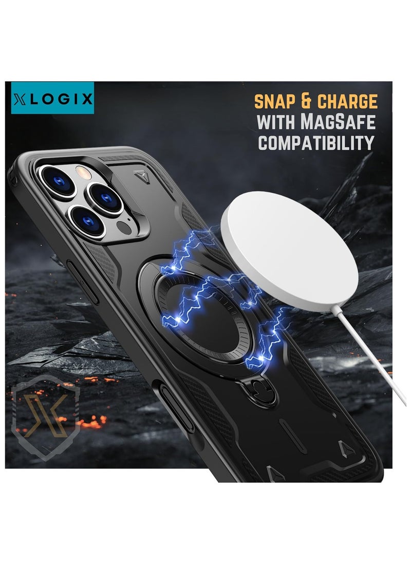 XLogiX for iPhone 16 Pro Max Armoured Case with Built-in Kickstand | Heavy-Duty Protection | Shockproof | Slim Design | Compatible with MagSafe Accessories, ArmourX Series - BLACK
