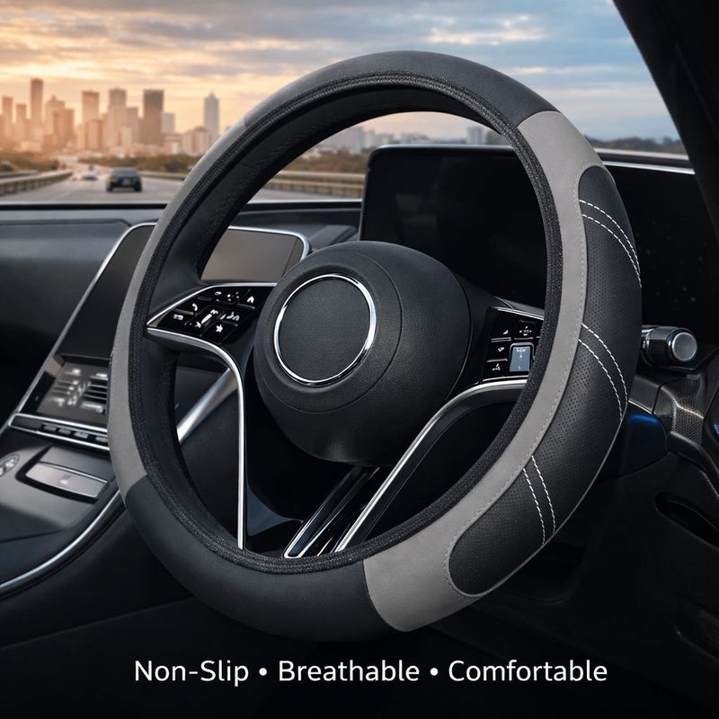 1pc Perforated Faux Leather Steering Wheel Cover Beige Non Slip Breathable Comfortable Grip Anti Sweat Design All Seasons Universal Fit For Most Cars - Image 1