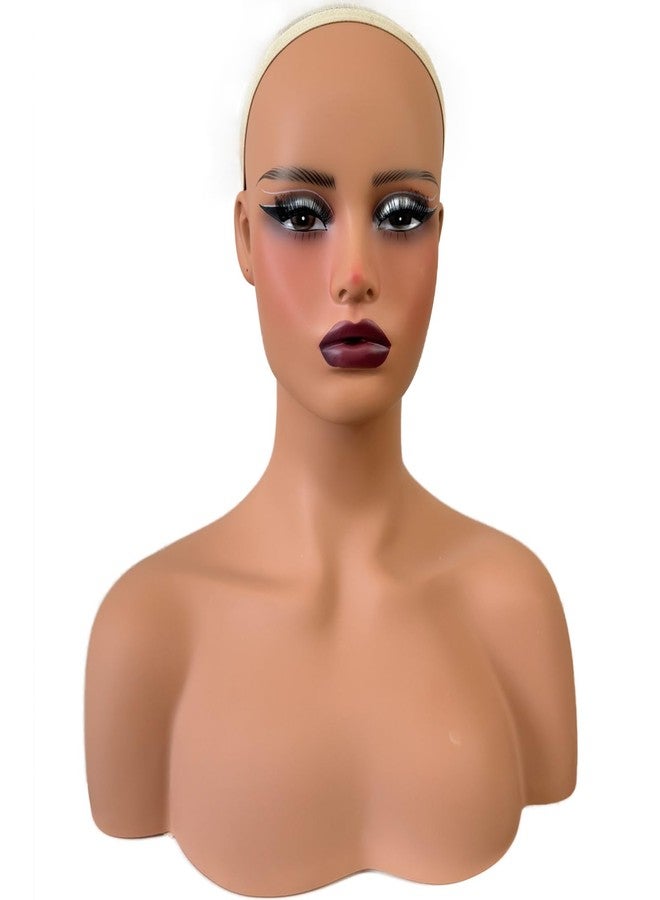 Voloria Realistic Female Mannequin Head with Shoulders Soft Manikin Head for Wig Display, Styling, Jewelry Light Brown Color - Image 1
