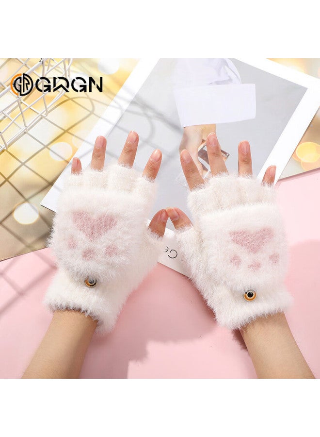 Grgn Uni Winter Half-finger Flip-up Fleece-lined Thickened Cute Knitted Fingerless Gloves - Image 1