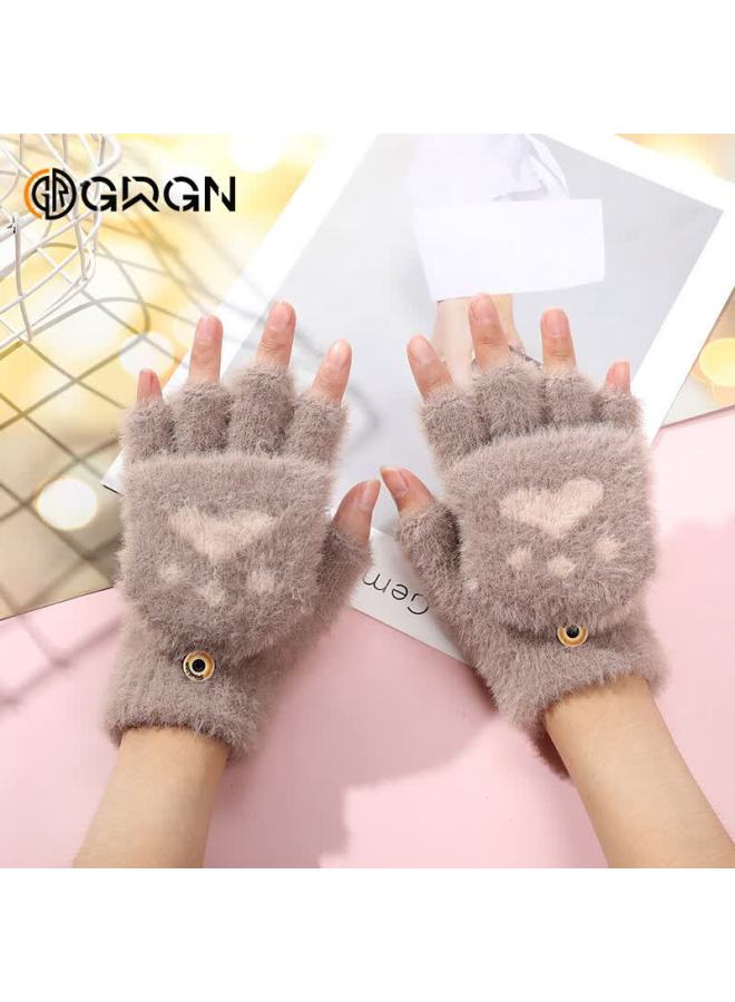 Grgn Uni Winter Half-finger Flip-up Fleece-lined Thickened Cute Knitted Fingerless Gloves - Image 3