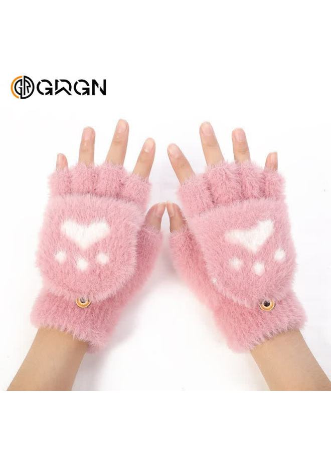 Grgn Uni Winter Half-finger Flip-up Fleece-lined Thickened Cute Knitted Fingerless Gloves - Image 4