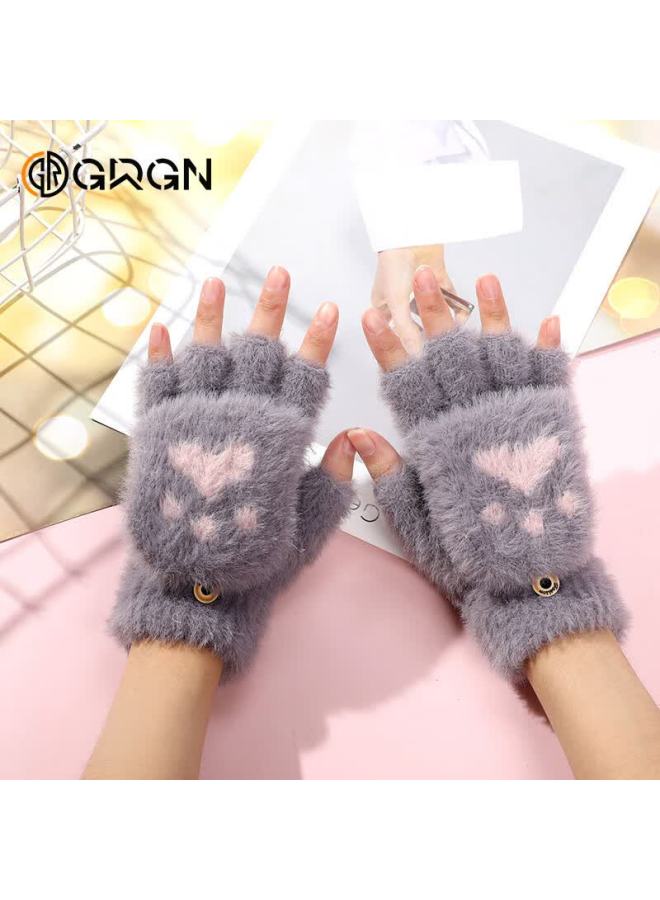 Grgn Uni Winter Half-finger Flip-up Fleece-lined Thickened Cute Knitted Fingerless Gloves - Image 2