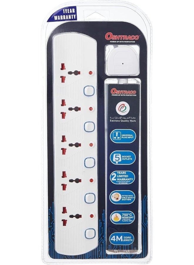 OSHTRACO مقبس تمديد عالمي 5-طرق من أوشتراكو مع سلك بطول 4 متر، متعدد الألوان - Image 1