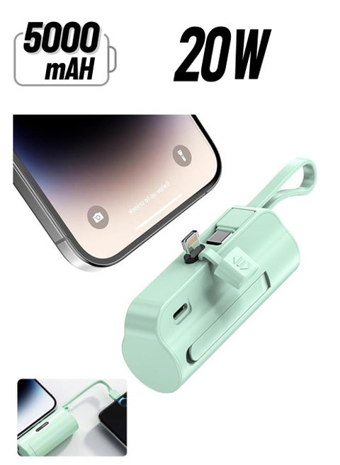 5000mah Mini Power Supply,20w Pd Fast Charging Portable Charger Battery Pack,Compatible with iPhone/Android Series,Built-In Type-C/Apple Interface,Suitable for Travel/Work(Green)