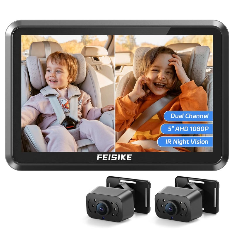 FEISIKE Baby Car Camera 1080P DualChannel 5 inch Display Baby Car Mirror with 2 IR Night Vision Camera Easily Install Car Camera for Baby with Crystal Clear Wide View for Rear Facing Seat - Image 1