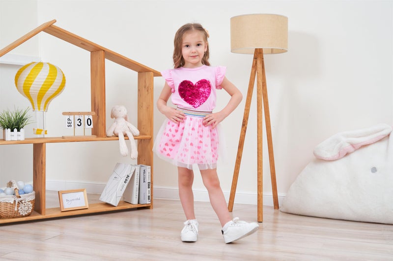 RETSUGO Toddler Girls Heart Skirt Set Summer Valentines Day Outfit Kids Flutter Sleeve Shirt Pink Tulle Skirts Tutu Heart Print Dress 7-8 Years - Image 4
