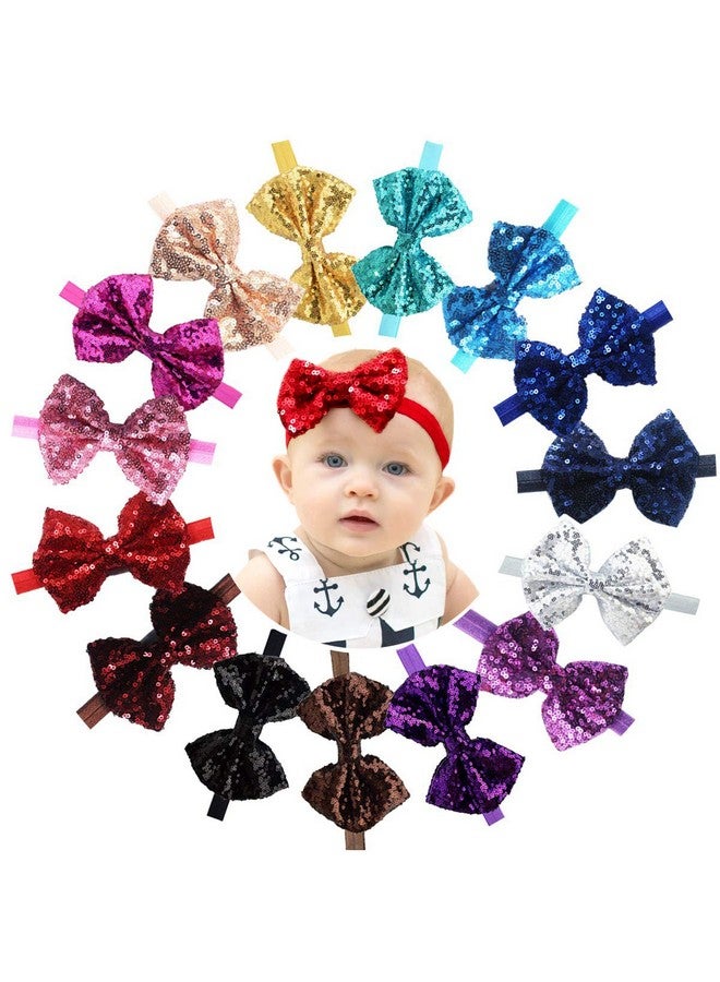 CELLOT 15Pcs Baby Girl Headbands Sparkly Glitter Sequins 4" Big Hair Bows Ribbon Soft Stretchy Hair Bands For Infant Newborn And Toddlers - Image 1