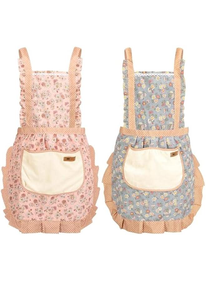 2Pcs Women Aprons with Pockets, Girls Floral Apron with Big Pocket Baking Soft Chef Aprons for Kitchen Cooking Baking - Image 1