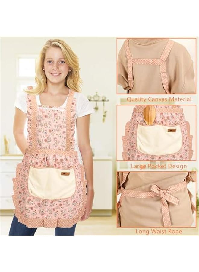 2Pcs Women Aprons with Pockets, Girls Floral Apron with Big Pocket Baking Soft Chef Aprons for Kitchen Cooking Baking - Image 3
