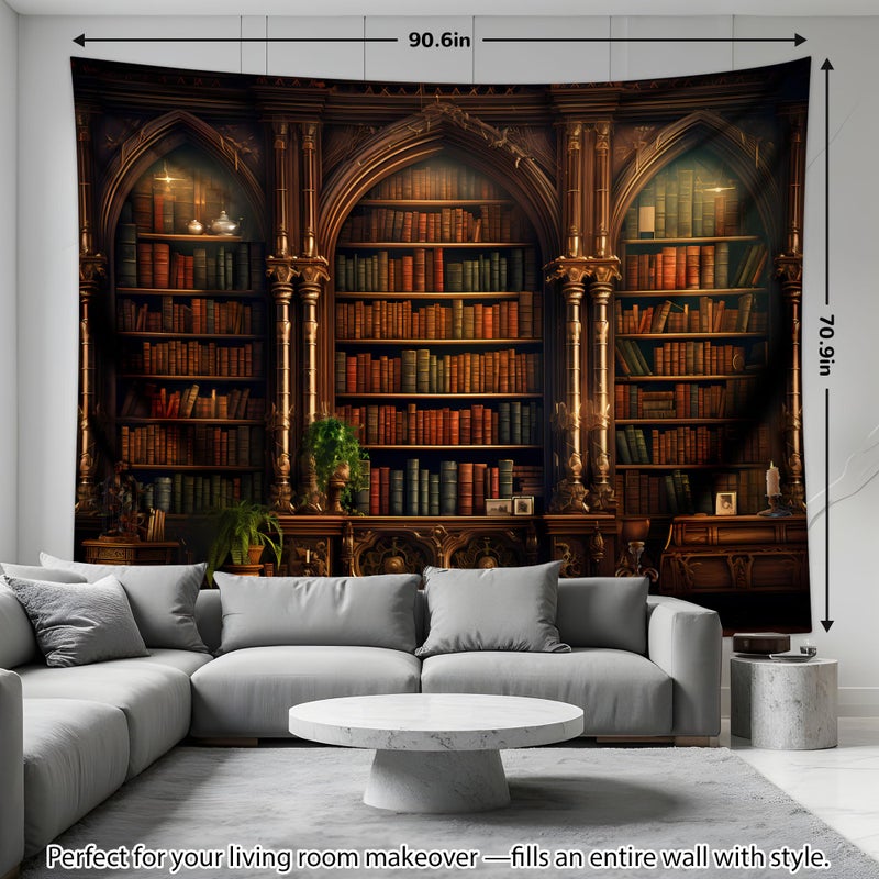 QGHOT Medieval Bookshelf Tapestry Vintage Library Bookcase Tapestry Wall Hanging Victorian Office Zoom Video Backdrop Old Books for Study Room Bedroom Living Room Decor 90x70 in - Image 4