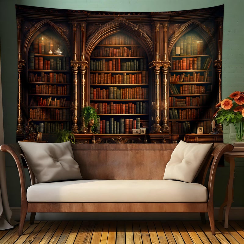 QGHOT Medieval Bookshelf Tapestry Vintage Library Bookcase Tapestry Wall Hanging Victorian Office Zoom Video Backdrop Old Books for Study Room Bedroom Living Room Decor 90x70 in - Image 1