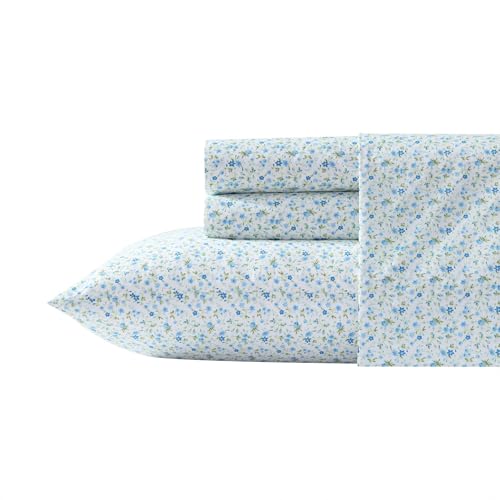 Laura Ashley Full Size Sheet Set Crisp Lightweight Cotton Percale Bedding with Fitted Sheet and Pillowcases Floral Room Decor Deep Pocket College Dorm Room Essentials Evie Blue - Image 1