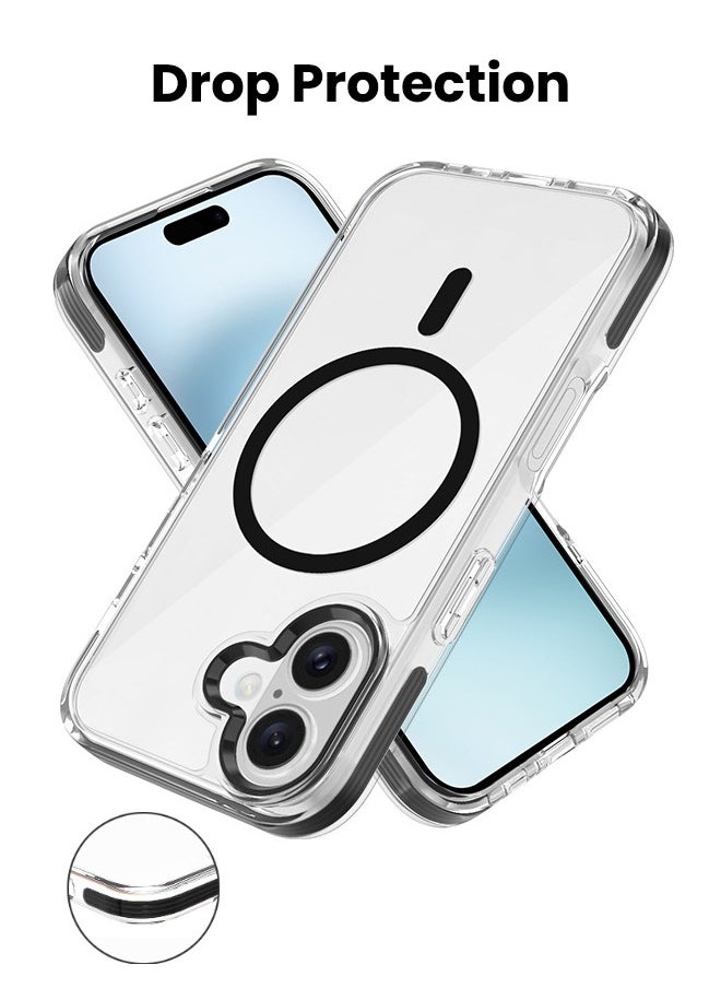iPhone 16 Case, iPhone 16 Case with Metal Lens Protective Ring, [Magsafe Compatible][Anti-Drop][Non-Yellowing][Side Anti-Collision] Slim Hard Case for Apple iPhone 16 2024, Black/Clear