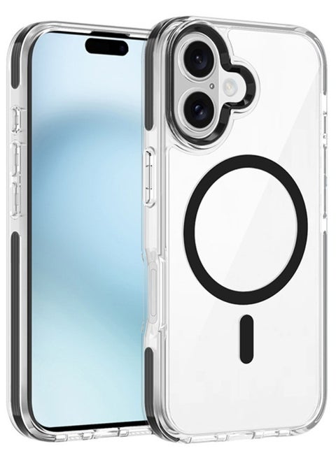 iPhone 16 Case, iPhone 16 Case with Metal Lens Protective Ring, [Magsafe Compatible][Anti-Drop][Non-Yellowing][Side Anti-Collision] Slim Hard Case for Apple iPhone 16 2024, Black/Clear