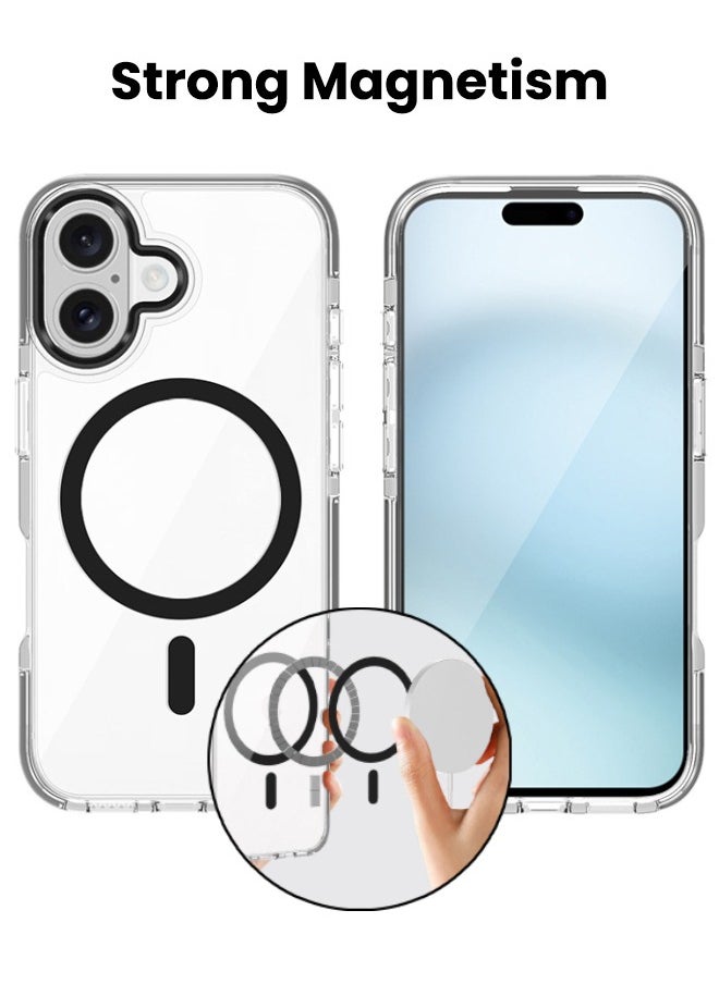 iPhone 16 Case, iPhone 16 Case with Metal Lens Protective Ring, [Magsafe Compatible][Anti-Drop][Non-Yellowing][Side Anti-Collision] Slim Hard Case for Apple iPhone 16 2024, Black/Clear