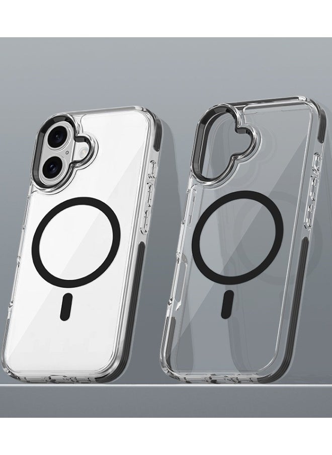 iPhone 16 Case, iPhone 16 Case with Metal Lens Protective Ring, [Magsafe Compatible][Anti-Drop][Non-Yellowing][Side Anti-Collision] Slim Hard Case for Apple iPhone 16 2024, Black/Clear