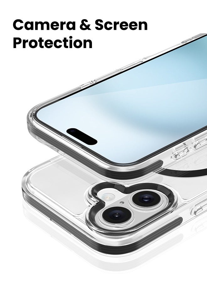 iPhone 16 Case, iPhone 16 Case with Metal Lens Protective Ring, [Magsafe Compatible][Anti-Drop][Non-Yellowing][Side Anti-Collision] Slim Hard Case for Apple iPhone 16 2024, Black/Clear
