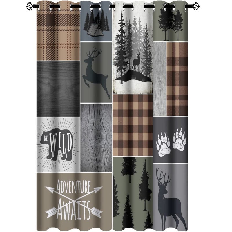 Kazynee Retro Cabin Bear Deer Blackout Curtains,Country Farmhouse Hunting Theme Wildlife Plaid Check Lodge Grommet Thermal Insulated Room Darkening Curtains Window Treatments 2 Panels 63L x 21W - Image 1