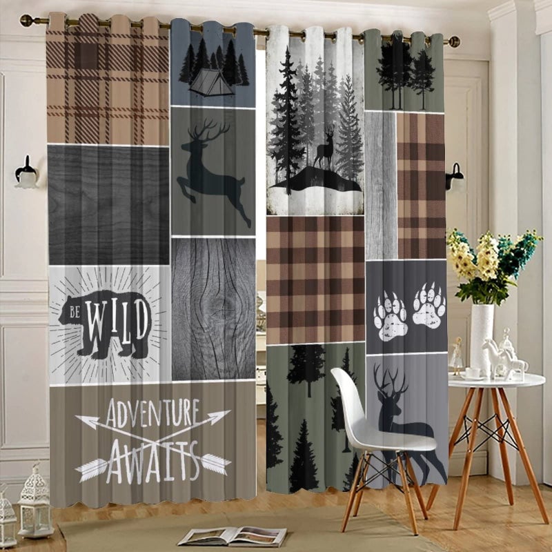 Kazynee Retro Cabin Bear Deer Blackout Curtains,Country Farmhouse Hunting Theme Wildlife Plaid Check Lodge Grommet Thermal Insulated Room Darkening Curtains Window Treatments 2 Panels 63L x 21W - Image 5