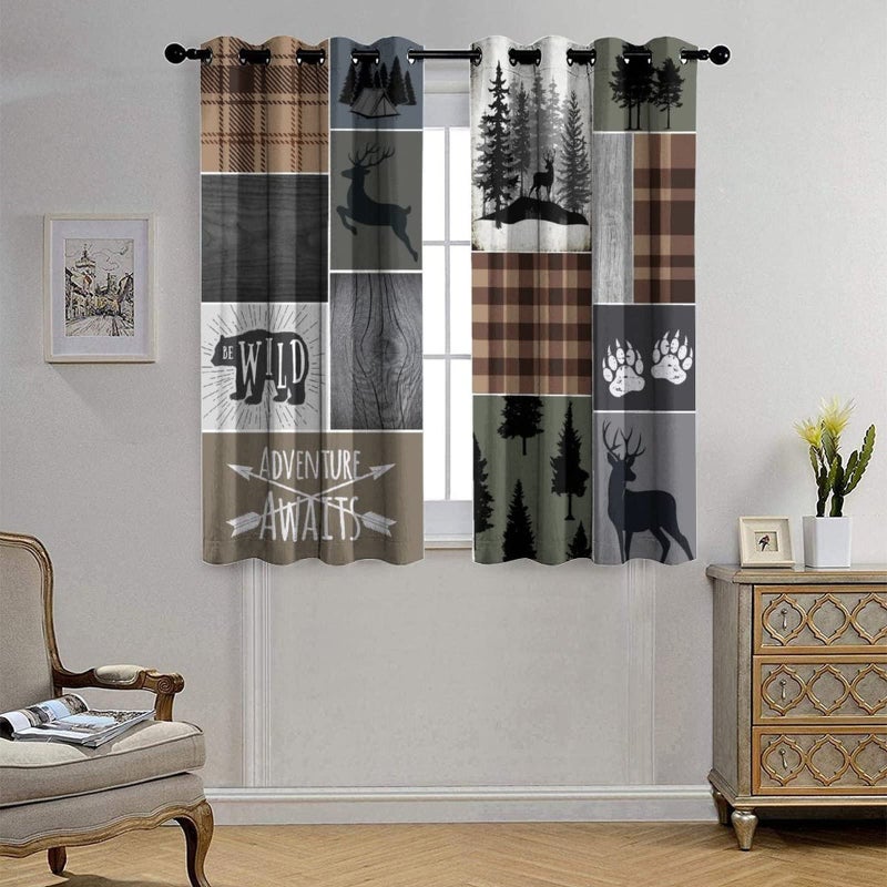 Kazynee Retro Cabin Bear Deer Blackout Curtains,Country Farmhouse Hunting Theme Wildlife Plaid Check Lodge Grommet Thermal Insulated Room Darkening Curtains Window Treatments 2 Panels 63L x 21W - Image 4