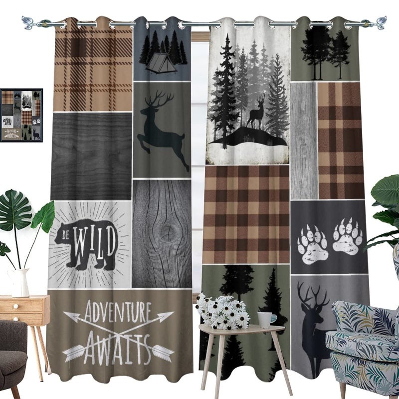 Kazynee Retro Cabin Bear Deer Blackout Curtains,Country Farmhouse Hunting Theme Wildlife Plaid Check Lodge Grommet Thermal Insulated Room Darkening Curtains Window Treatments 2 Panels 63L x 21W - Image 3