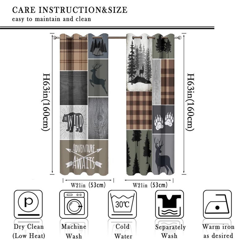 Kazynee Retro Cabin Bear Deer Blackout Curtains,Country Farmhouse Hunting Theme Wildlife Plaid Check Lodge Grommet Thermal Insulated Room Darkening Curtains Window Treatments 2 Panels 63L x 21W - Image 2