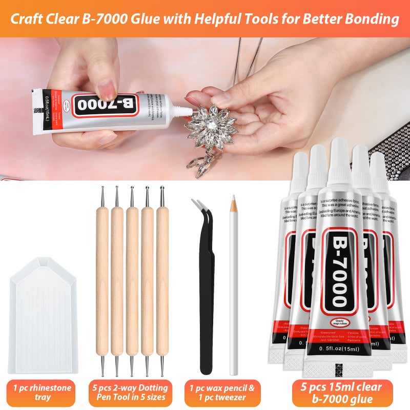 Cruzix لاصق شفاف B7000 مع رؤوس دقيقة، 5 قطع لاصق B-7000 لمجوهرات خرز لتطبيق الماس والخرز - لاصق قوي لفن الأظافر والحرف اليدوية والملابس والأحذية والحقائب - Image 3