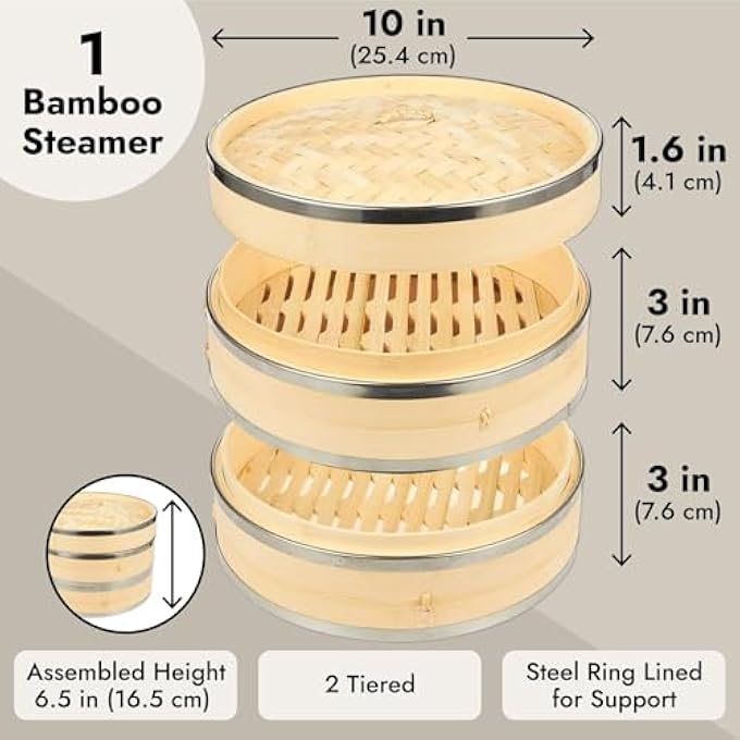 سلة بخار من الخيزران بطبقتين مقاس 10 بوصات مع حلقات فولاذية، سلة بخار كبيرة الحجم للزلابية والخضروات، 10 × 65 × 10 بوصة - Image 4