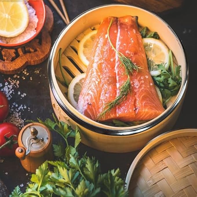 سلة بخار من الخيزران بطبقتين مقاس 10 بوصات مع حلقات فولاذية، سلة بخار كبيرة الحجم للزلابية والخضروات، 10 × 65 × 10 بوصة - Image 3