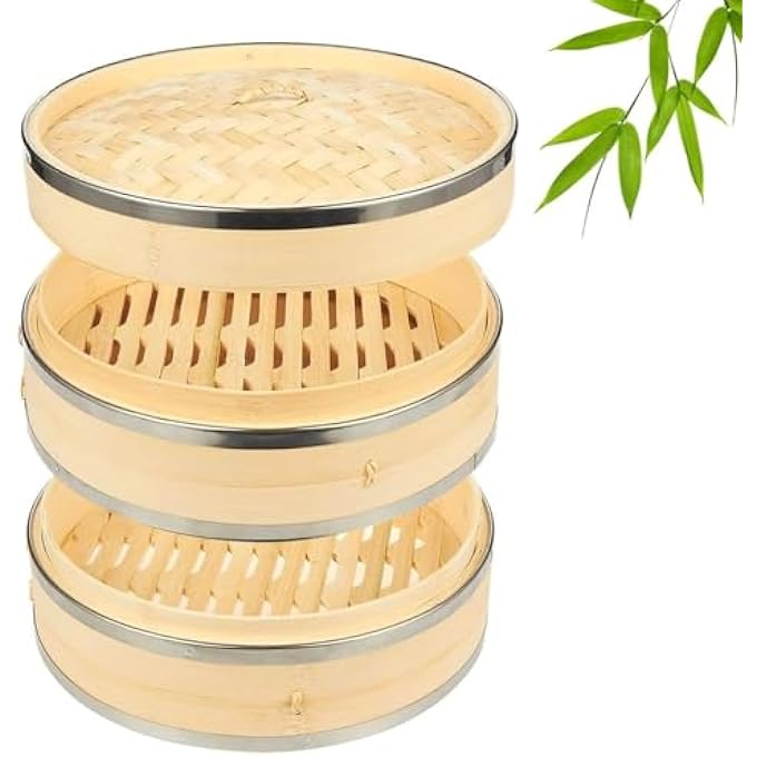 سلة بخار من الخيزران بطبقتين مقاس 10 بوصات مع حلقات فولاذية، سلة بخار كبيرة الحجم للزلابية والخضروات، 10 × 65 × 10 بوصة - Image 2