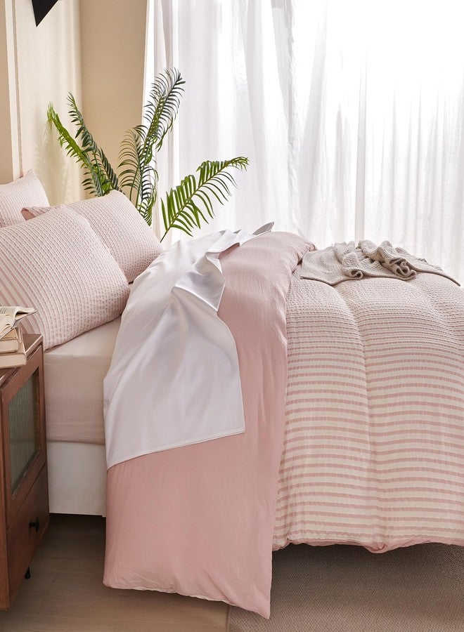 BUPIRD Duvet Cover King Set Striped Pink, 100% Washed Microfiber Jacquard 3 Pieces King Striped Bedding Sets, with Zipper Closure & Corner Ties, Lightweight Soft Comfort Breathable (No Comforter) - Image 5