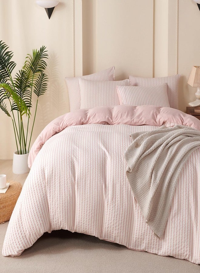 BUPIRD Duvet Cover King Set Striped Pink, 100% Washed Microfiber Jacquard 3 Pieces King Striped Bedding Sets, with Zipper Closure & Corner Ties, Lightweight Soft Comfort Breathable (No Comforter) - Image 1