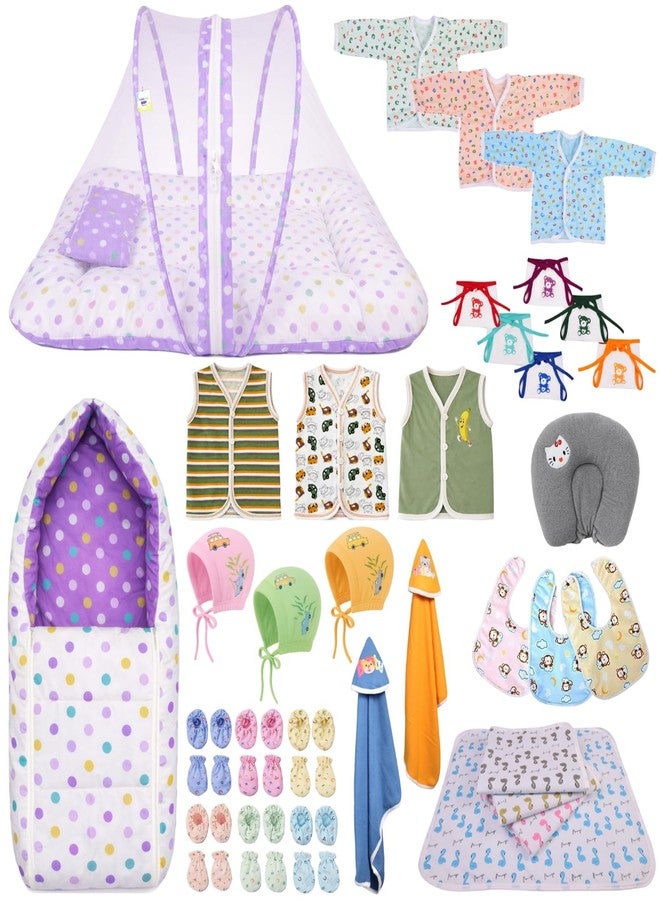 Kwitchy Newborn Baby Essentials Kit 39 Items Combo | New Born Kit 0-6 Months | Baby Set Clothes Bedding Bed | Infant Essentials & (Purple) - Image 1