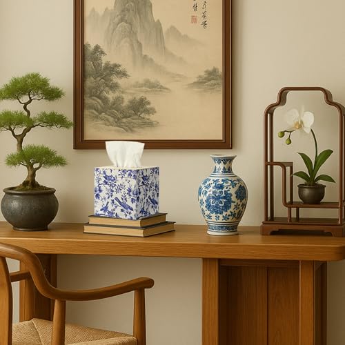 GlikCeil Blue and White Tissue Box Cover Wooden Floral Bird Vintage Square Tissue Box Holder for Bedroom Bathroom Office Desk Countertop Modern Farmhouse Decor, 6 x 6 x 6 Inch - Image 5