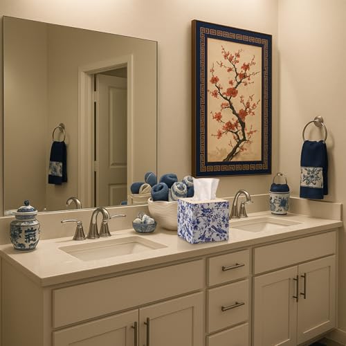 GlikCeil Blue and White Tissue Box Cover Wooden Floral Bird Vintage Square Tissue Box Holder for Bedroom Bathroom Office Desk Countertop Modern Farmhouse Decor, 6 x 6 x 6 Inch - Image 4