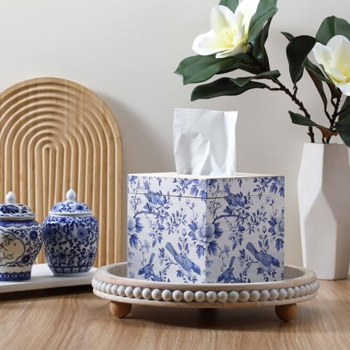 GlikCeil Blue and White Tissue Box Cover Wooden Floral Bird Vintage Square Tissue Box Holder for Bedroom Bathroom Office Desk Countertop Modern Farmhouse Decor, 6 x 6 x 6 Inch - Image 2