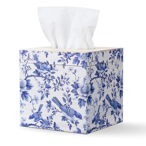 GlikCeil Blue and White Tissue Box Cover Wooden Floral Bird Vintage Square Tissue Box Holder for Bedroom Bathroom Office Desk Countertop Modern Farmhouse Decor, 6 x 6 x 6 Inch - Image 1