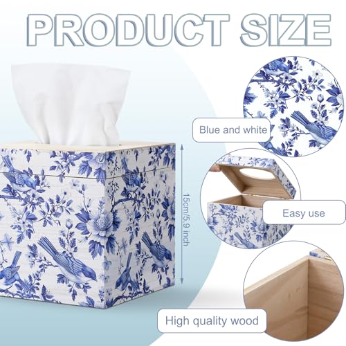 GlikCeil Blue and White Tissue Box Cover Wooden Floral Bird Vintage Square Tissue Box Holder for Bedroom Bathroom Office Desk Countertop Modern Farmhouse Decor, 6 x 6 x 6 Inch - Image 3