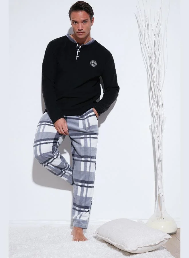 Buratti Plaid Regular Fit Buttoned Crew Neck Winter Fleece Pajama Set Men's PAJAMAS SET 60961008