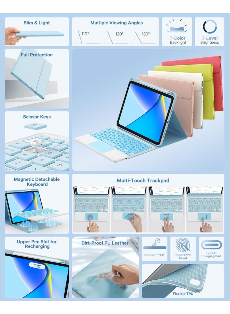 Arabic/English  Keyboard Case for iPad 11th Generation(A16,2025) / 10th Generation(2022), Stain-Resistant Cover, 7 Color Backlit, Detachable Keyboard Case with Touchpad and Pencil Holder, Blue - Image 3