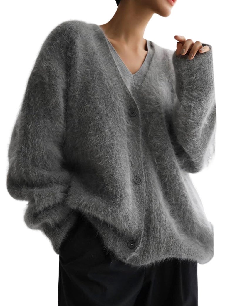 Yimoon Womens Fuzzy Cardigan Sweater V Neck Long Sleeve Button Down Slouchy Furry Knit Sweaters 2025(Grey-M) - Image 1