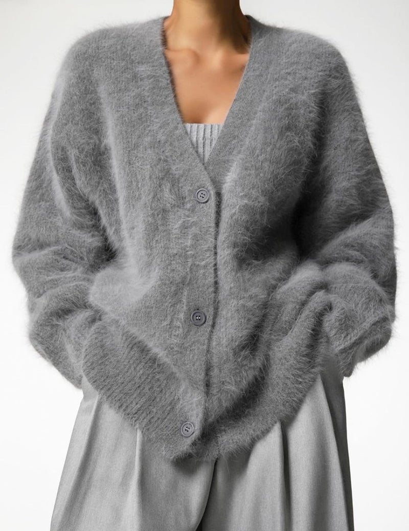 Yimoon Womens Fuzzy Cardigan Sweater V Neck Long Sleeve Button Down Slouchy Furry Knit Sweaters 2025(Grey-M) - Image 2