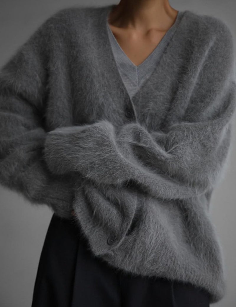 Yimoon Womens Fuzzy Cardigan Sweater V Neck Long Sleeve Button Down Slouchy Furry Knit Sweaters 2025(Grey-M) - Image 5