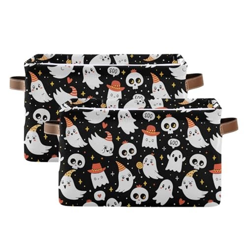 xigua Halloween Ghost Storage Basket Collapsible Storage Bins Waterproof Canvas Storage Basket with Leather Handles for Home Closets OfficesBedroomsGift Baskets1PCS - Image 3