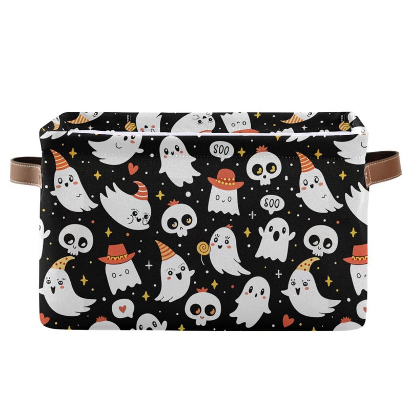 xigua Halloween Ghost Storage Basket Collapsible Storage Bins Waterproof Canvas Storage Basket with Leather Handles for Home Closets OfficesBedroomsGift Baskets1PCS - Image 2