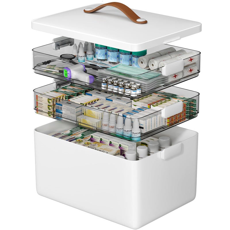 CTIME 3-Tier Medicine Organizer - Portable Medicine Cabinet with Leather Handle, Empty First Aid Kit for Home - Image 1