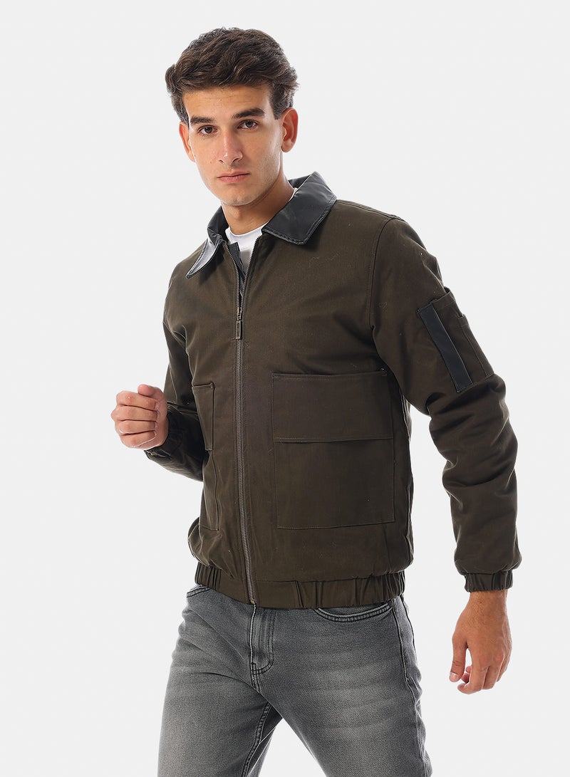 Andora Turn Down Collar Gabardine with Leather Accent Bomber Jacket - Dark Olive - Image 3