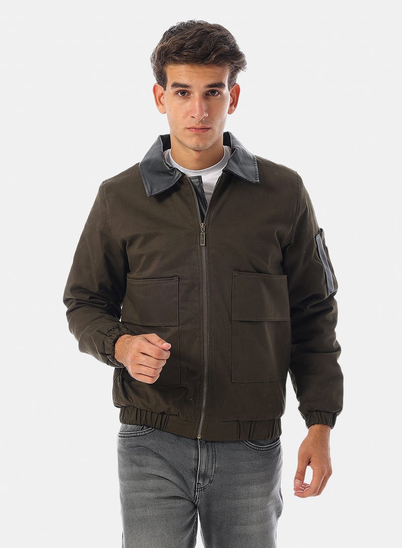 Andora Turn Down Collar Gabardine with Leather Accent Bomber Jacket - Dark Olive - Image 1