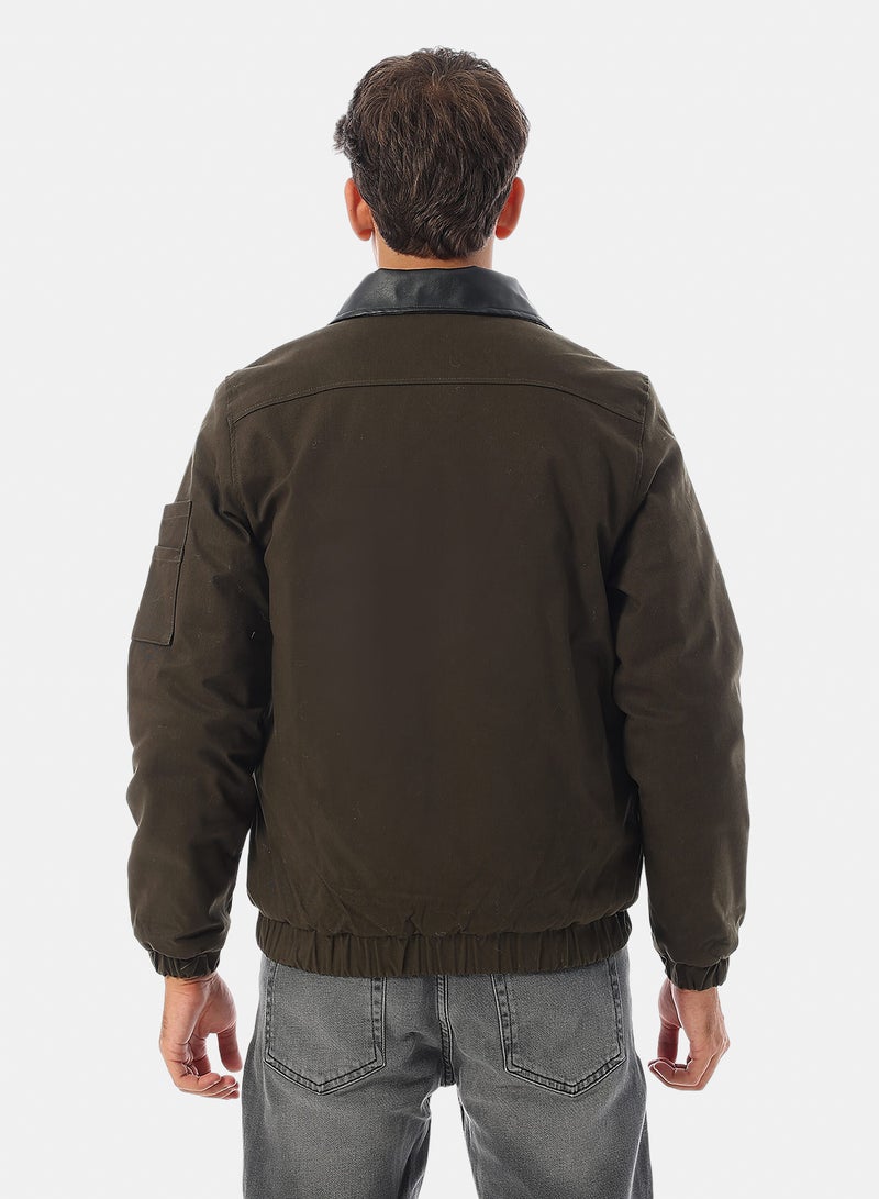 Andora Turn Down Collar Gabardine with Leather Accent Bomber Jacket - Dark Olive - Image 2